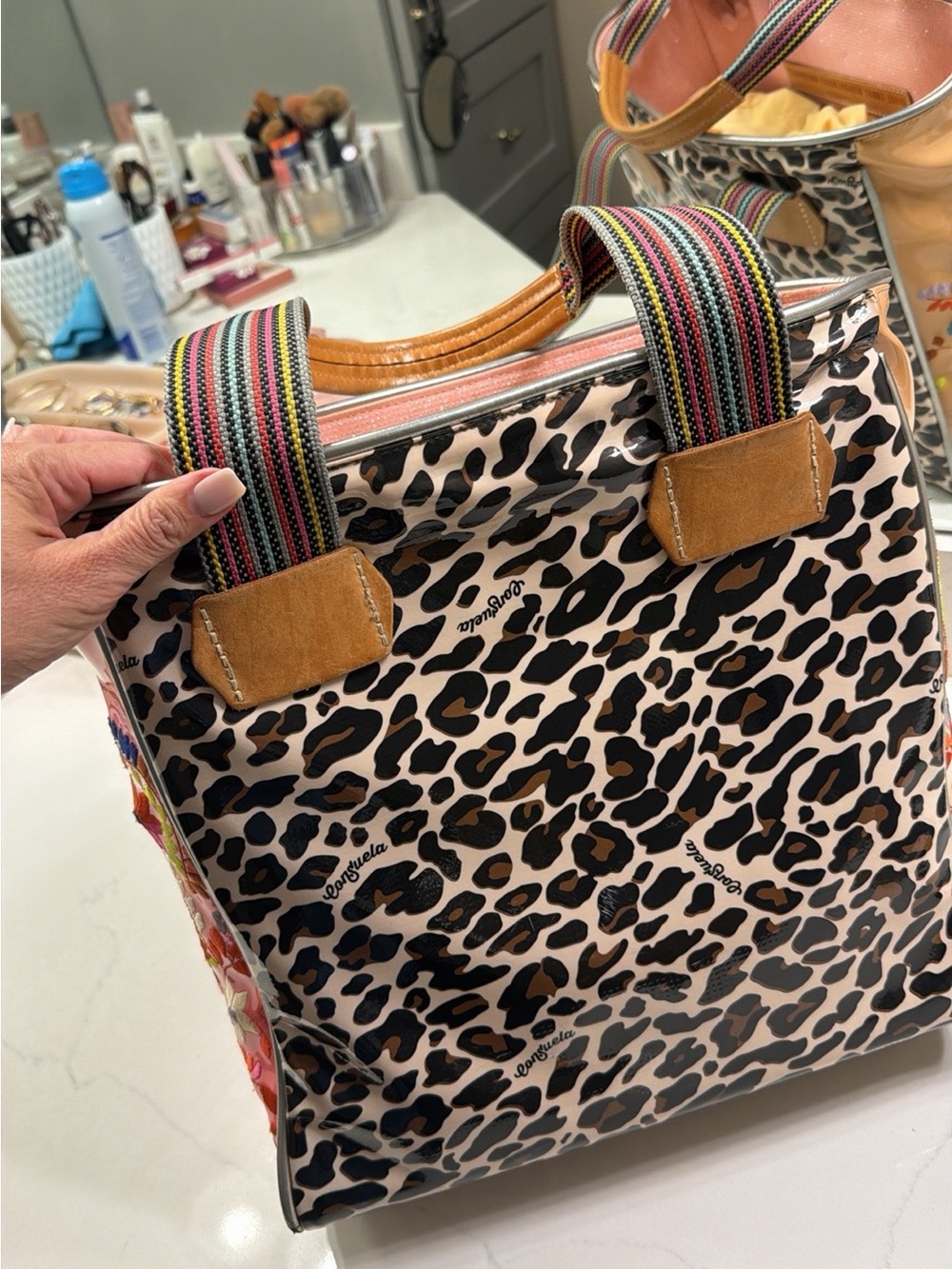 Consuela Leopard Print Tote with Multicolor Striped Handles